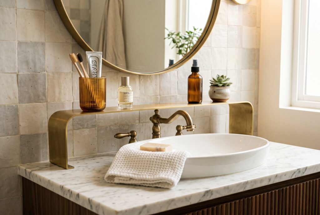 Wall mounted floating tray bathroom organizer with perfume bottles and minimalist vanity decor.