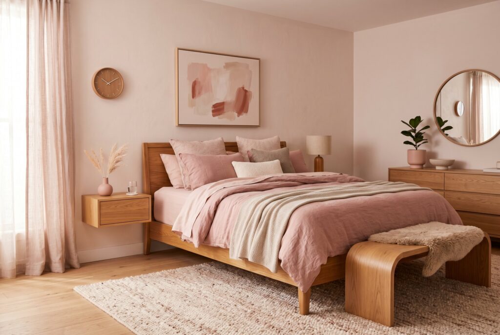 Blush pink and charcoal gray couple bedroom with mixed masculine and feminine decor. 