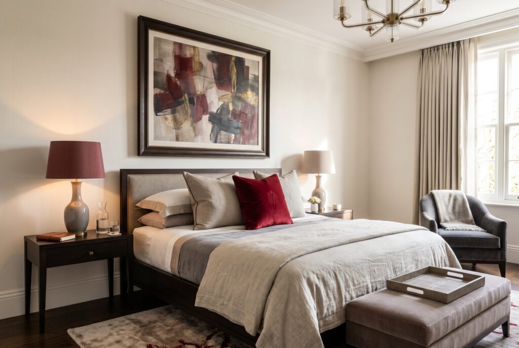 Red accent decor with burgundy pillows and warm neutral luxury bedroom styling. 