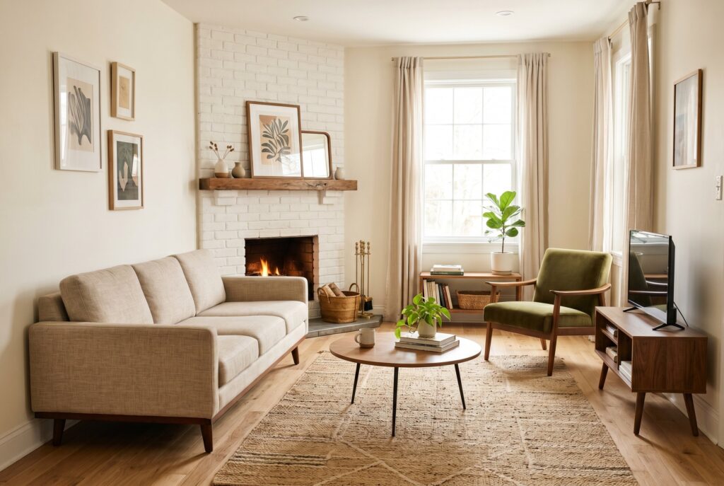 Low profile furniture around corner fireplace with open airy living room design. 