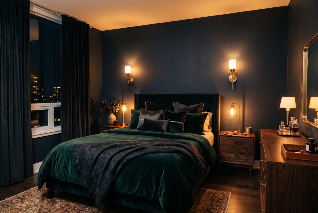 Warm 2700K LED lighting in dark bedroom with navy walls and walnut furniture. 