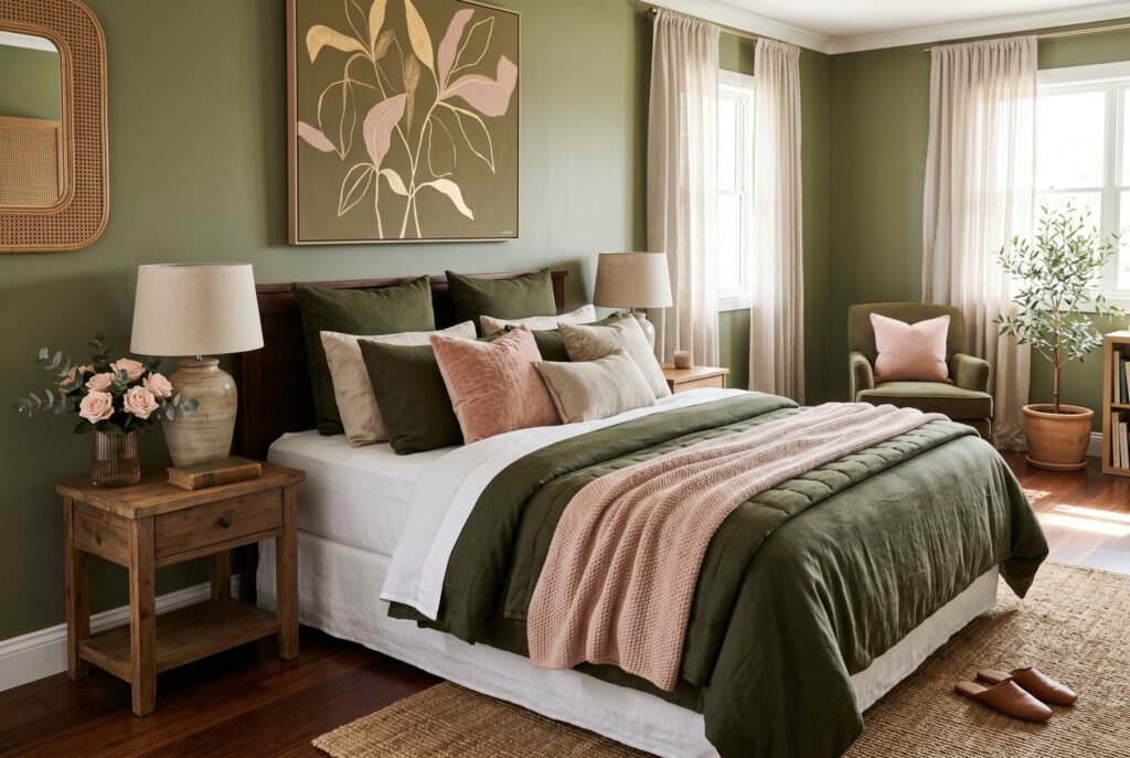 Olive green bedroom ideas with blush pink bedding accents and warm wood furniture.