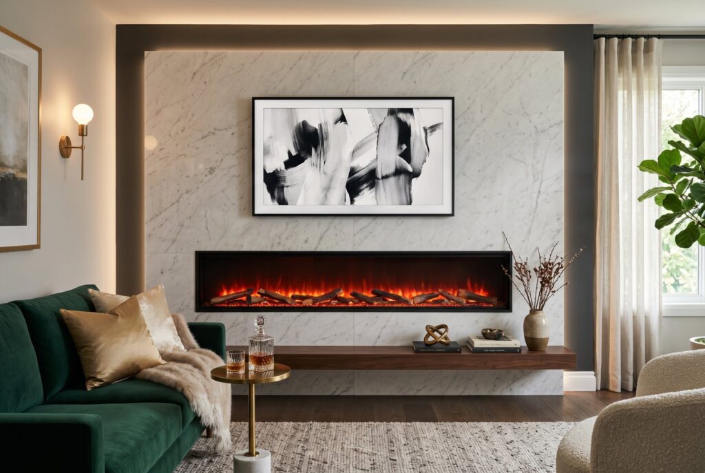 Slim linear electric fireplace wall with modern fireplace ideas and minimalist decor. 