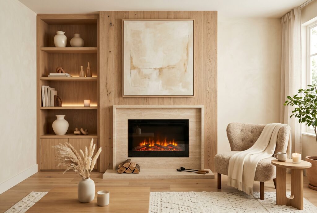 White oak electric fireplace design with Scandinavian inspired neutral living room decor. 