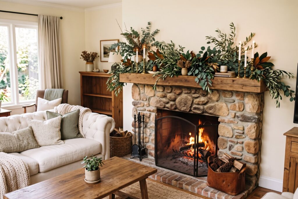Natural greenery fireplace mantel decor ideas with rustic stone fireplace and warm textures.