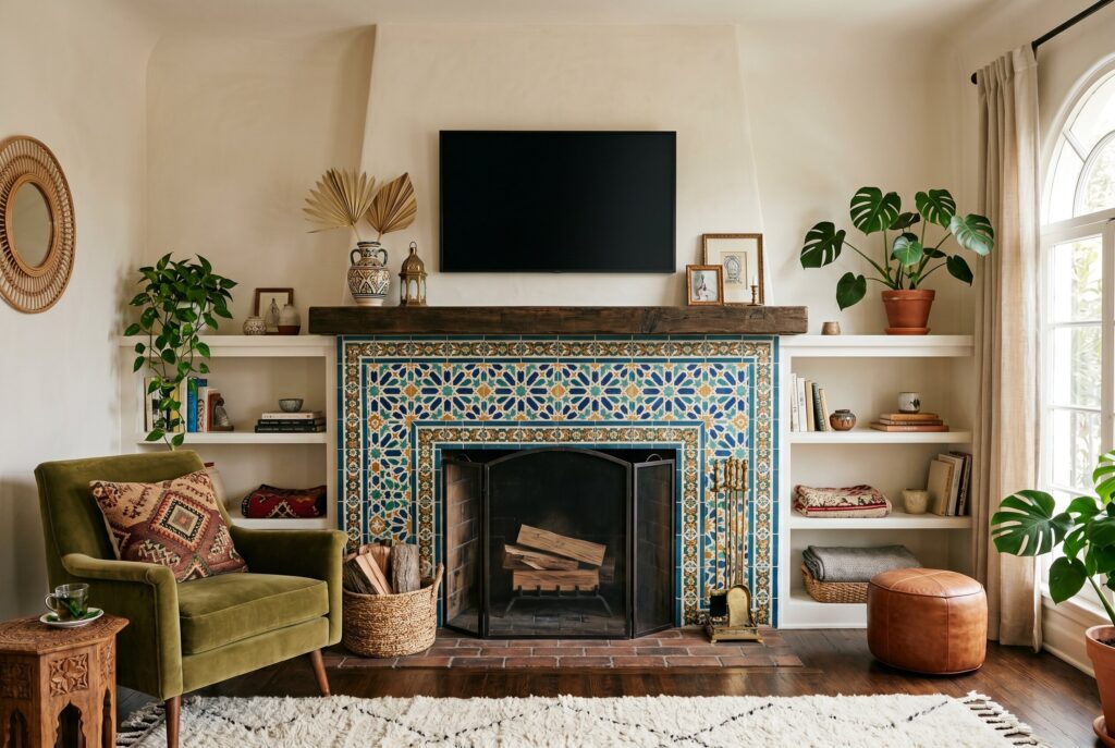 Geometric Moroccan fireplace tile ideas with TV and colorful fireplace surround design.