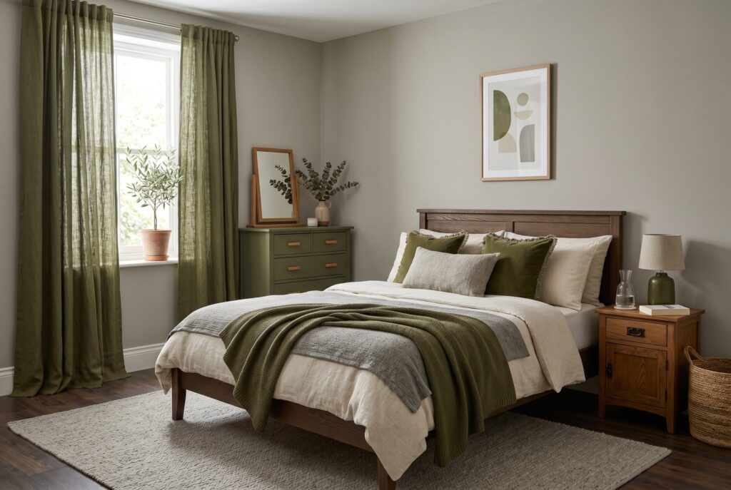 Greige bedroom ideas with olive green accents and warm wood furniture styling. 