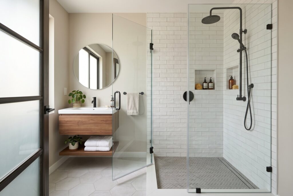 Walk in shower remodel ideas replacing bulky tub with frameless glass enclosure. 
