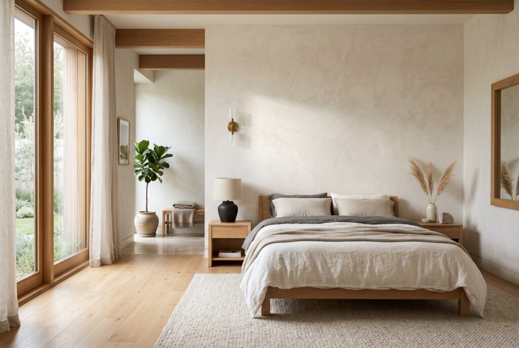 Textured limewash walls in white bedroom with Japandi inspired wood furniture.