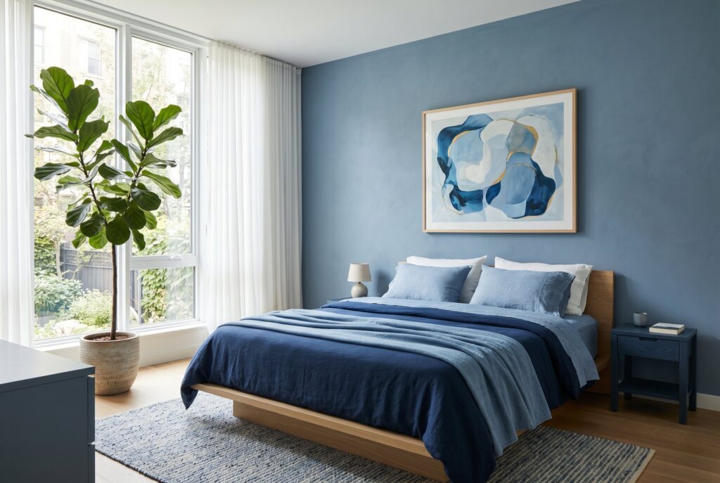 Blue accent wall minimalist bedroom with abstract artwork and layered neutral bedding. 