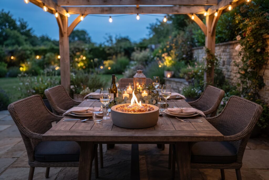 Tabletop gas outdoor fireplace centerpiece on outdoor dining table under pergola.