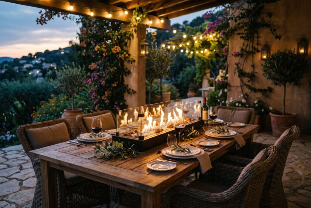 Tabletop gas outdoor fireplace centerpiece on outdoor dining table under pergola.
