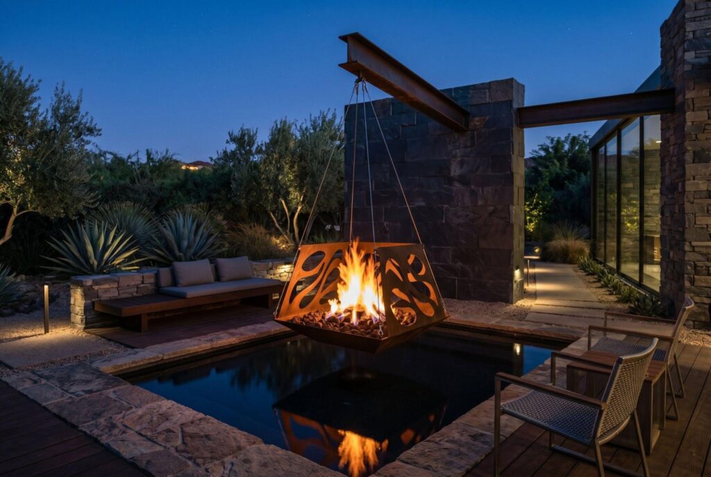 Floating metal fireplace outdoor feature with modern desert patio and sculptural design.