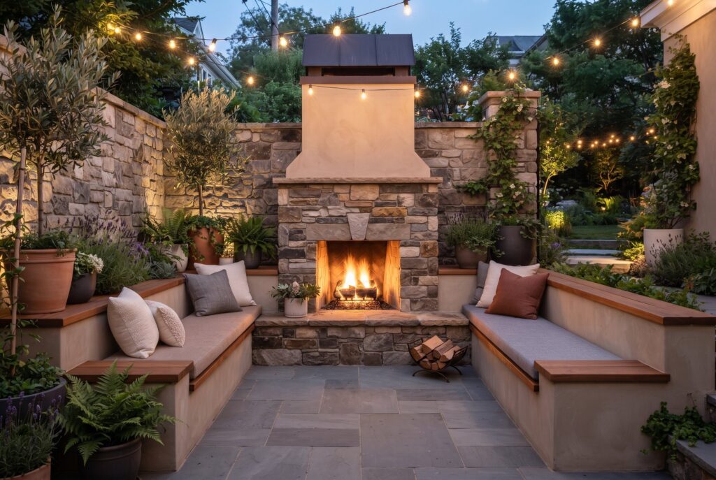 Outdoor fireplace with built in bench seating surrounded by colorful garden landscaping.