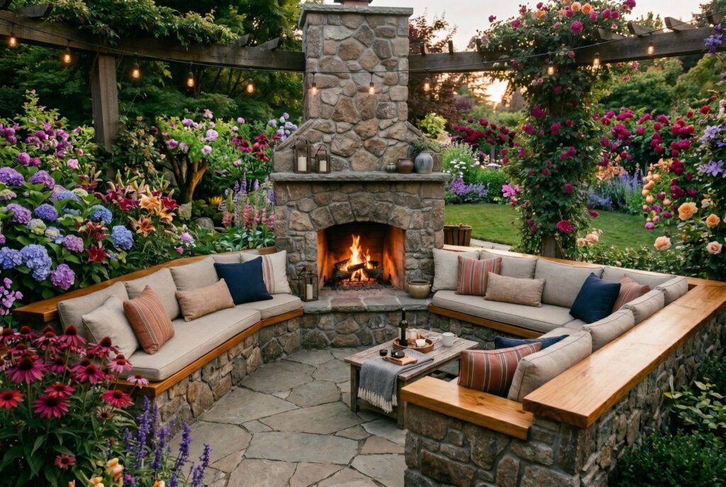 Outdoor fireplace with built in bench seating surrounded by colorful garden landscaping.