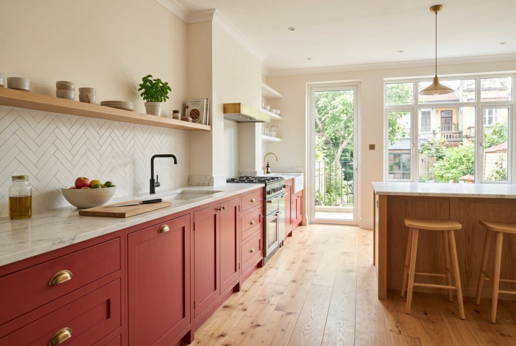 Bright airy kitchen with muted red cabinets, herringbone backsplash, and natural wood flooring. 