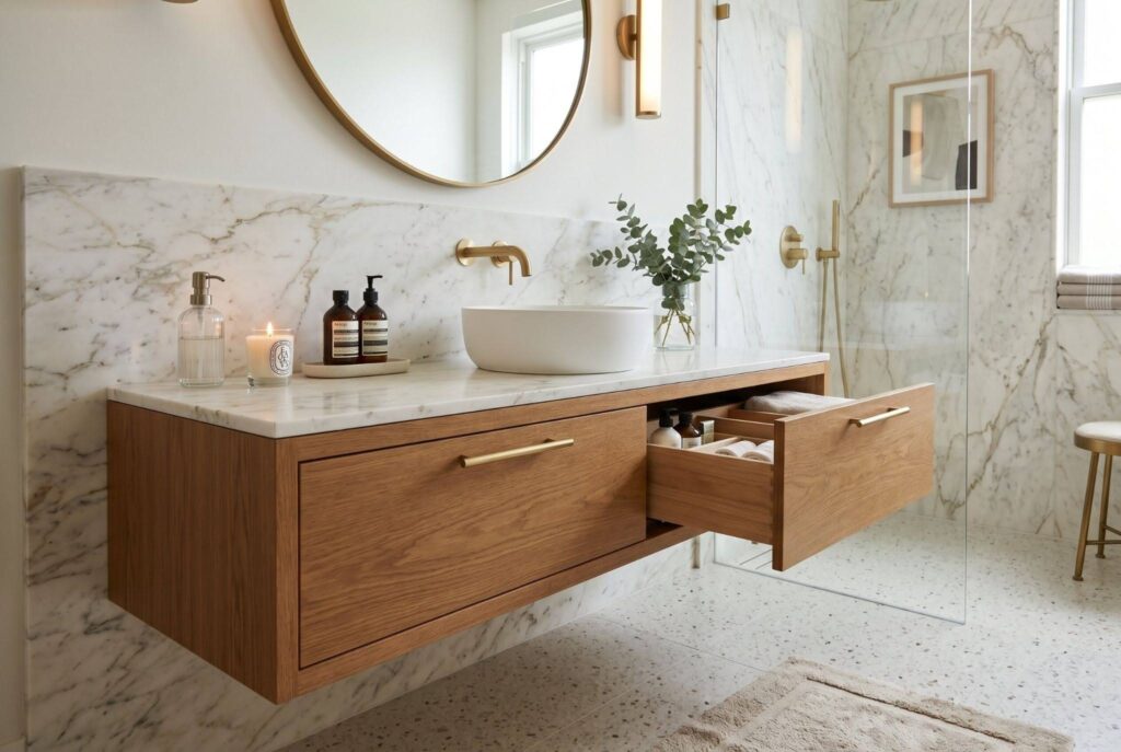 Floating bathroom vanity with wood drawers and modern small bathroom remodel ideas. 