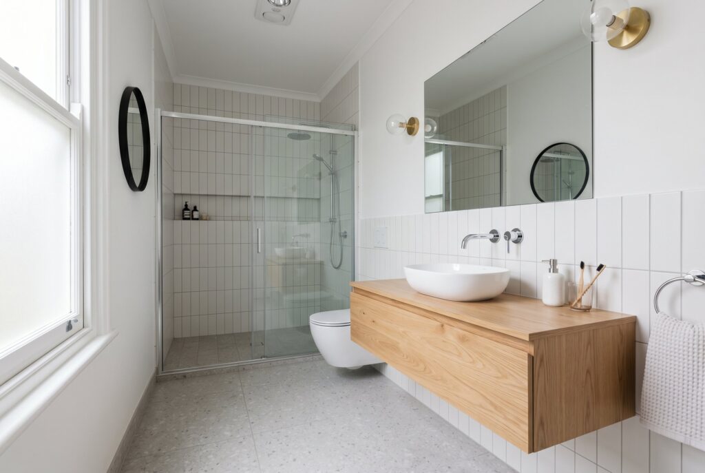 Floating vanity bathroom remodel ideas with wall mounted sink and minimalist design. 