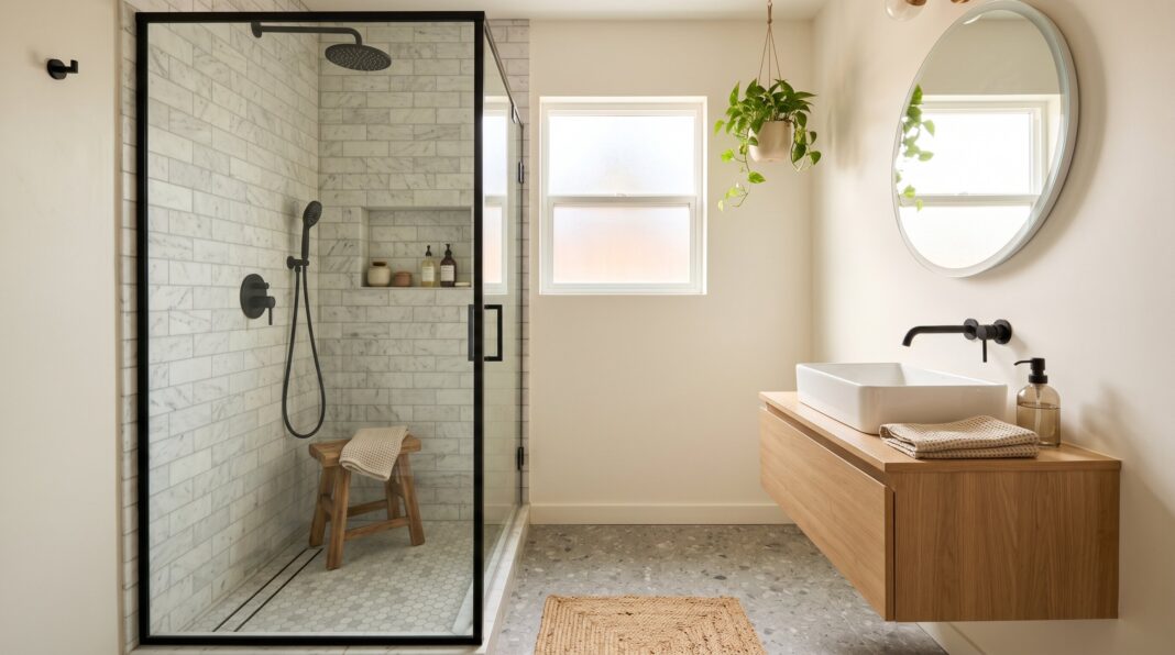 Small bathroom walk in shower ideas with floating vanity and frameless glass shower design.