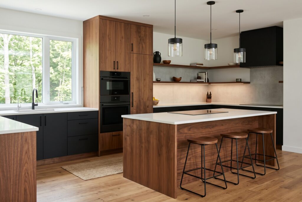 Walnut kitchen island with soft black lower cabinets in a sleek modern open kitchen.