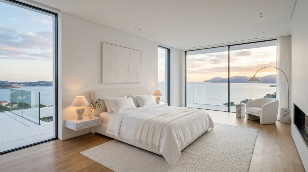 White bedroom ideas with floor to ceiling windows and luxury minimalist bedroom design.