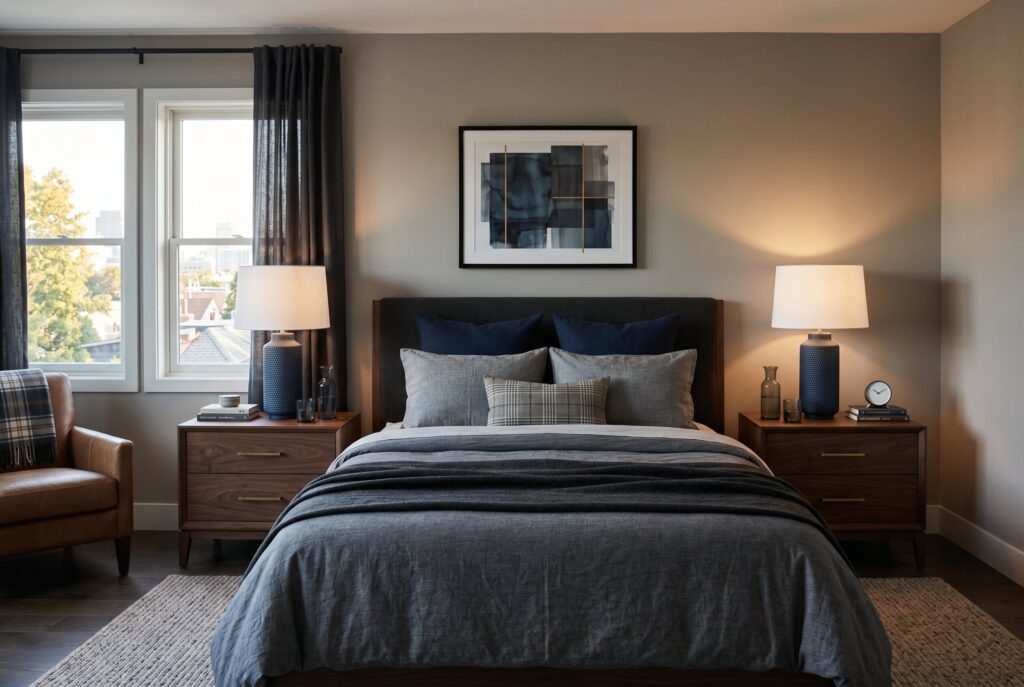 Symmetrical masculine bedroom with matching nightstands, lamps, and layered gray bedding. 