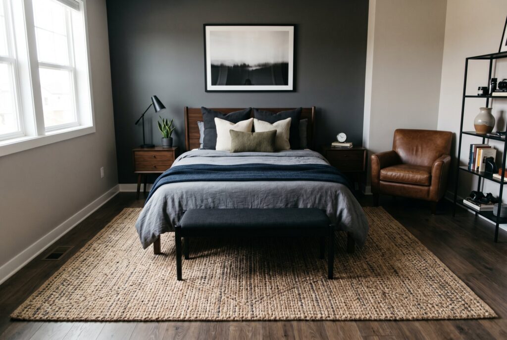 Built in storage bedroom ideas for small rooms with soft gray walls and hidden drawers. 