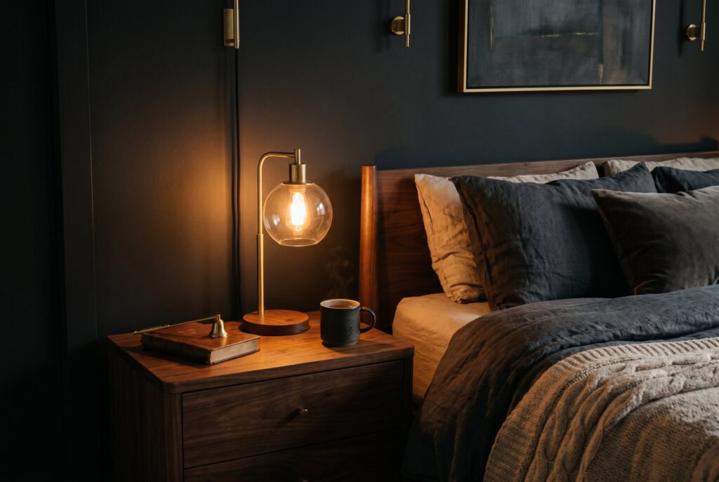 Warm LED bedroom lighting with black walls and walnut nightstand styling.