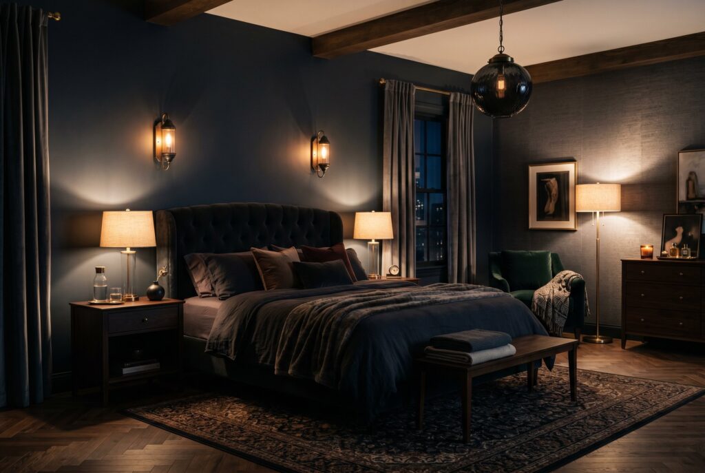 Warm layered lighting in dark bedroom with sconces and moody hotel style ambiance. 