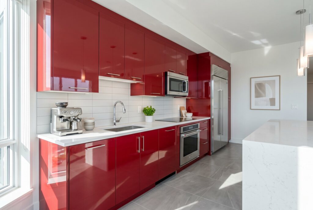 Bright modern kitchen with glossy red cabinets, stainless steel appliances, and white quartz countertops. 
