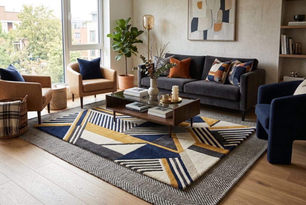 Modern living room with geometric rug, neutral furniture, and Art Deco patterns.