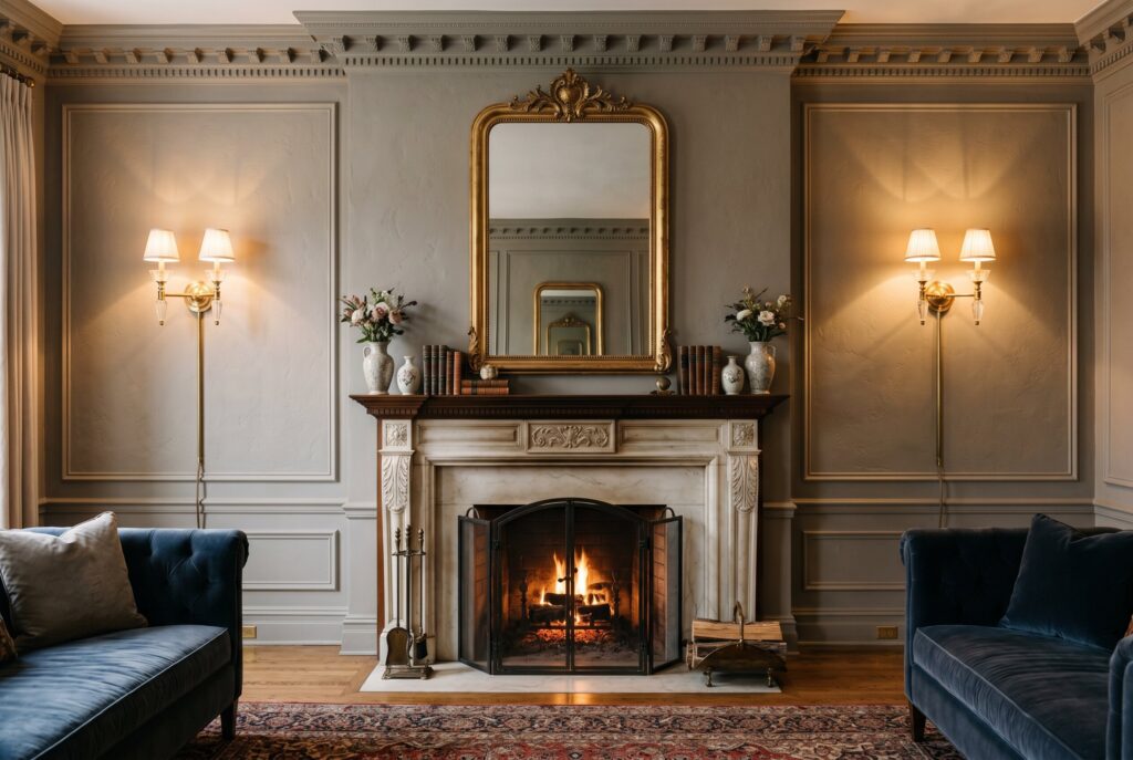 Modern Art Deco living room with gold wall sconces and symmetrical fireplace lighting. 