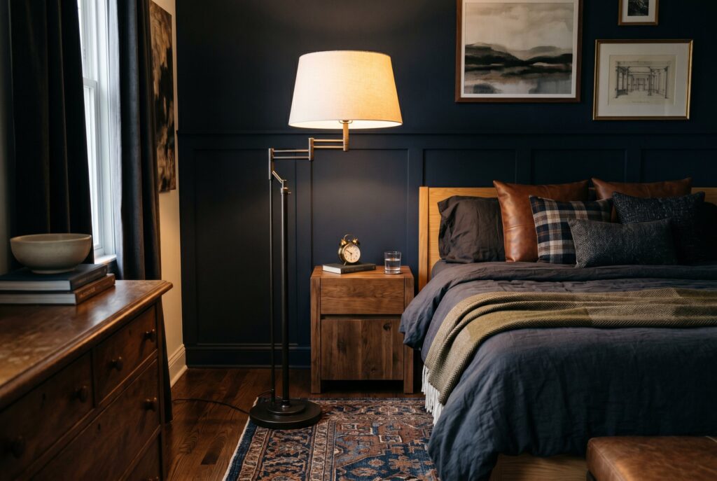 Large scale graphic wall art above bed in modern masculine bedroom design. 