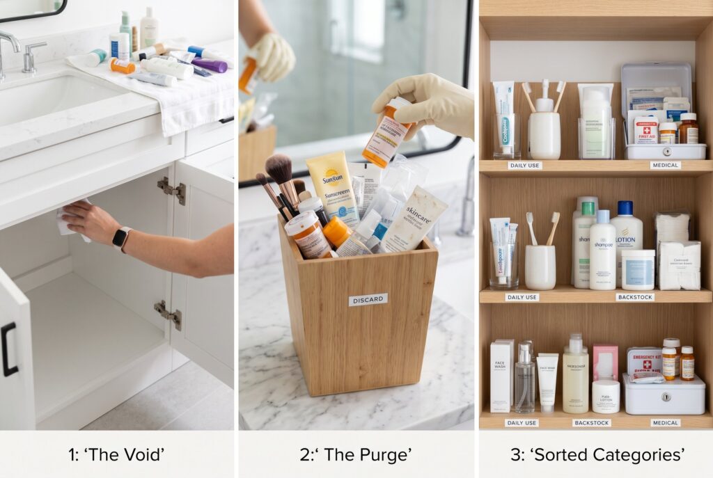 Bathroom cabinet organization system with decluttering products and labeled storage categories. 