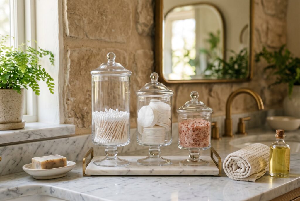 Hand woven rattan bathroom basket with rolled towels and spa inspired counter styling.