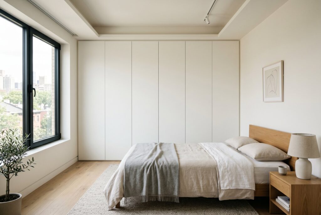 Flush mount wardrobe wall with hidden storage and minimalist bedroom furniture design. 