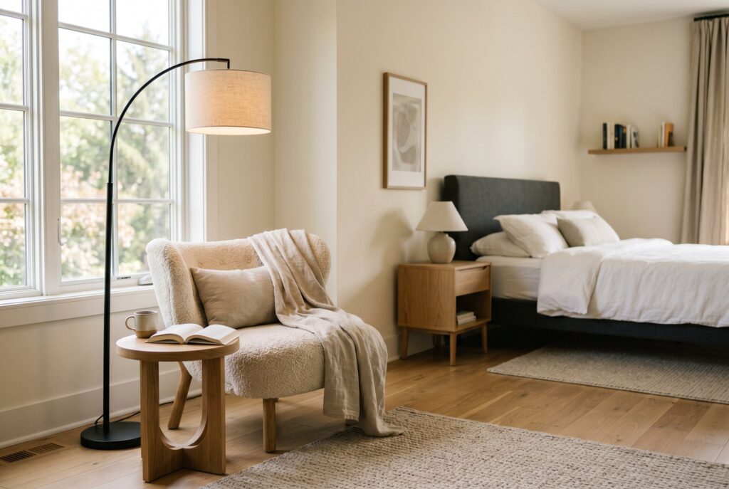 Minimalist reading corner with boucle chair, arc floor lamp, and cozy neutral styling. 