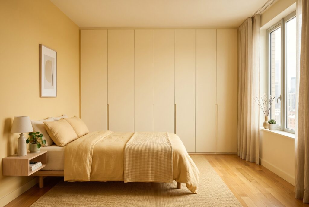 Seamless wardrobe wall in minimalist bedroom with handle free closet doors and neutral decor. 