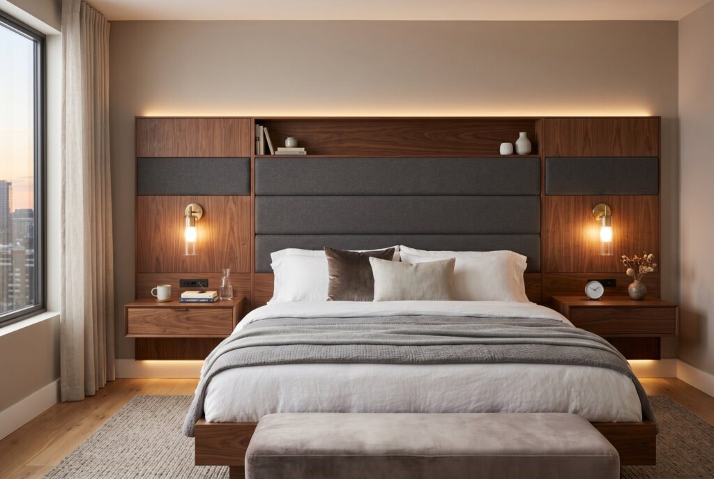 Hotel style extended headboard with integrated lighting and floating nightstands. 