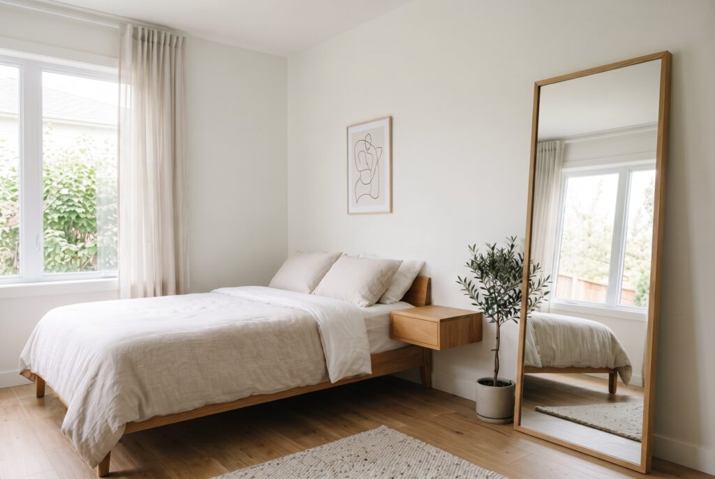 Large leaning mirror in minimalist bedroom reflecting natural light and warm neutral decor. 