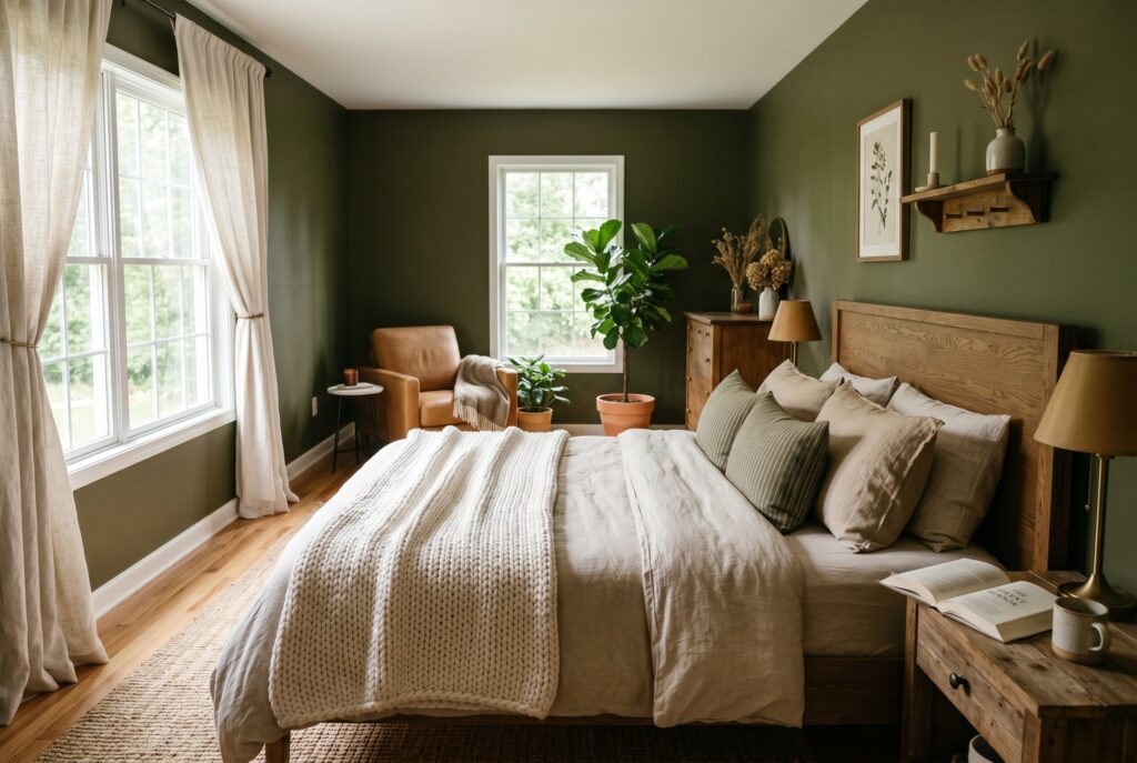 Moody olive green bedroom with linen curtains and cozy layered bedding textures.