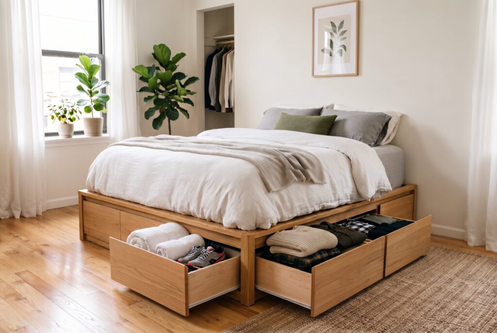 Platform bed with under bed storage drawers and minimalist bedroom organization ideas. 