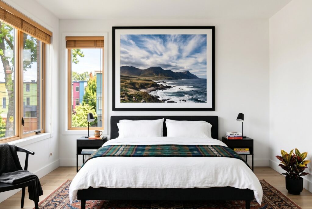 Large black and white photography above bed in modern monochrome bedroom design. 