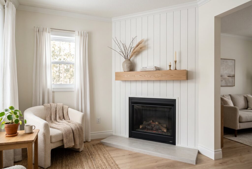 Vertical shiplap corner fireplace ideas with white oak mantel and modern farmhouse style. 