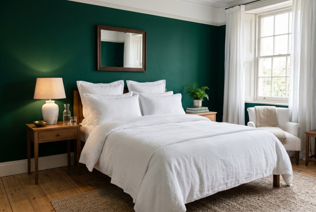 Emerald green bedroom with crisp white linen bedding and elegant hotel style design.