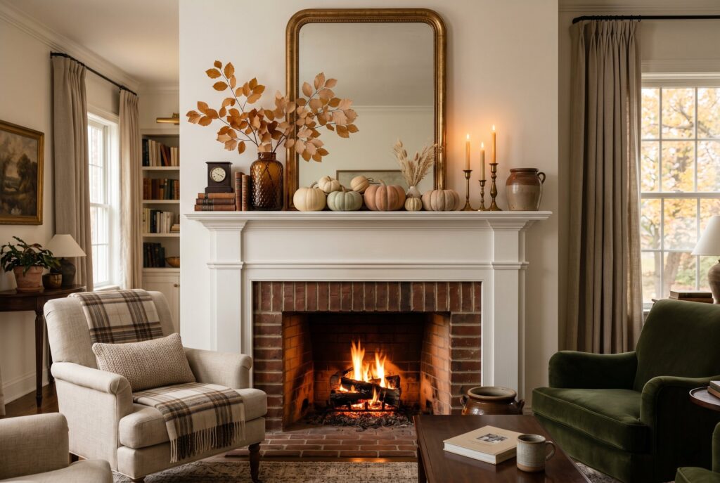 Seasonal fireplace mantel decor ideas with pumpkins, candles, and neutral autumn styling. 