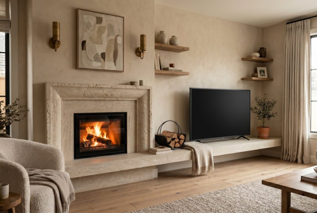 Limestone fireplace mantel ideas with asymmetrical TV placement and modern hearth design.