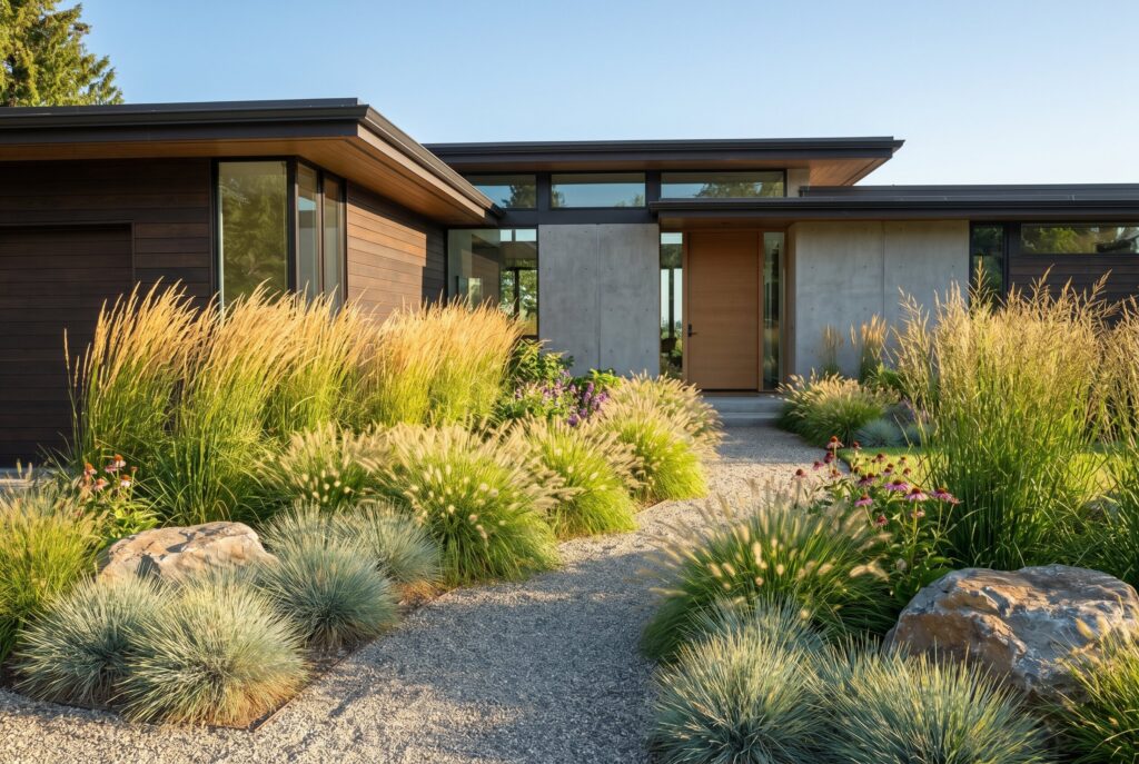 Mass planting ornamental grasses with gravel pathways and modern front yard landscaping.
