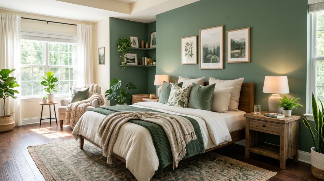 Sage green bedroom accent wall with warm white bedding and natural wood furniture.
