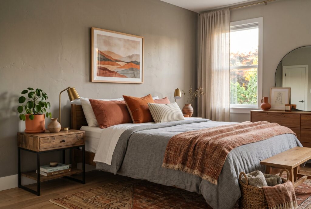 Terracotta and burnt orange accents in grey bedroom with earthy organic modern styling. 